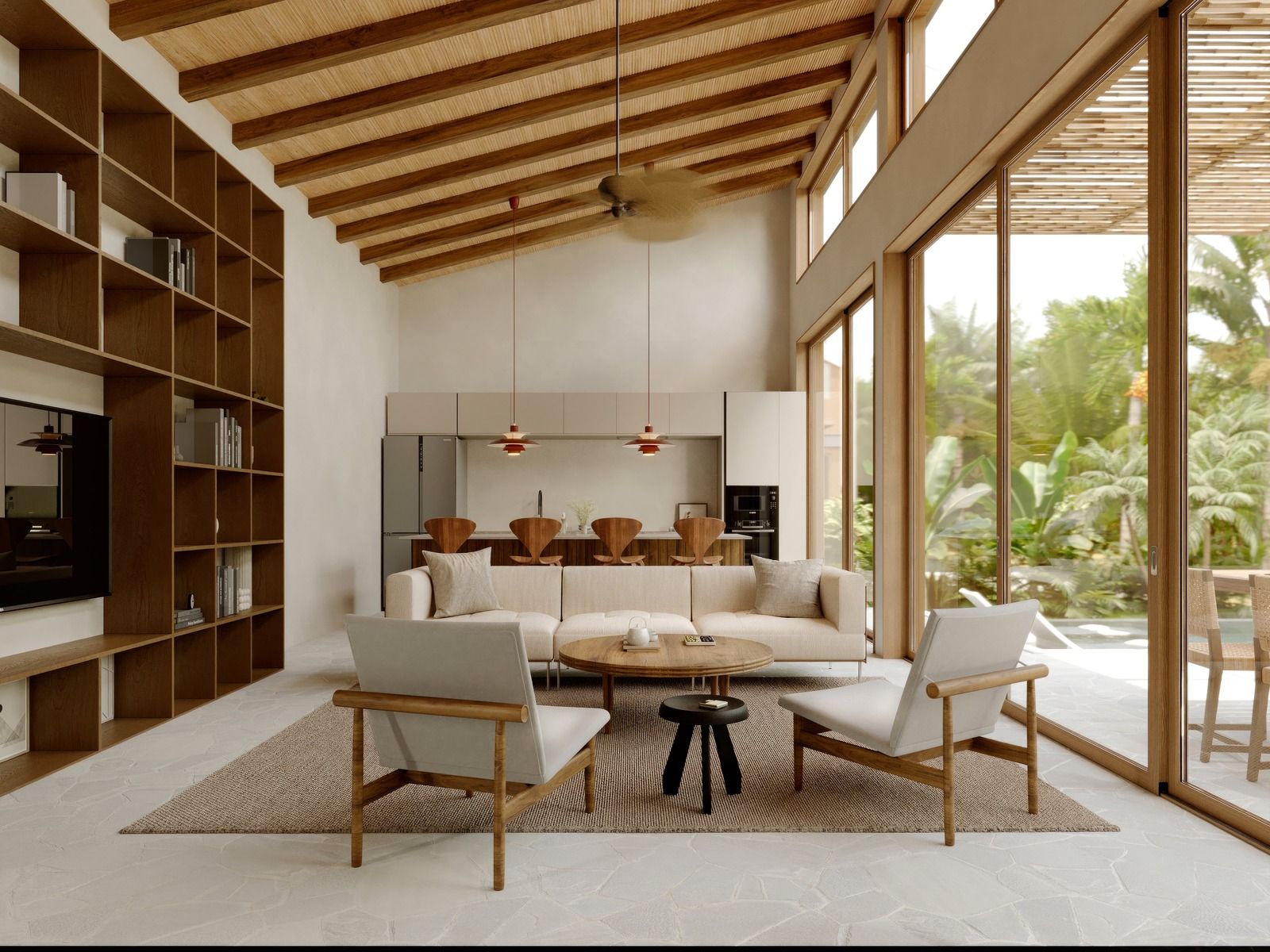 Villa Bay living room with library wall